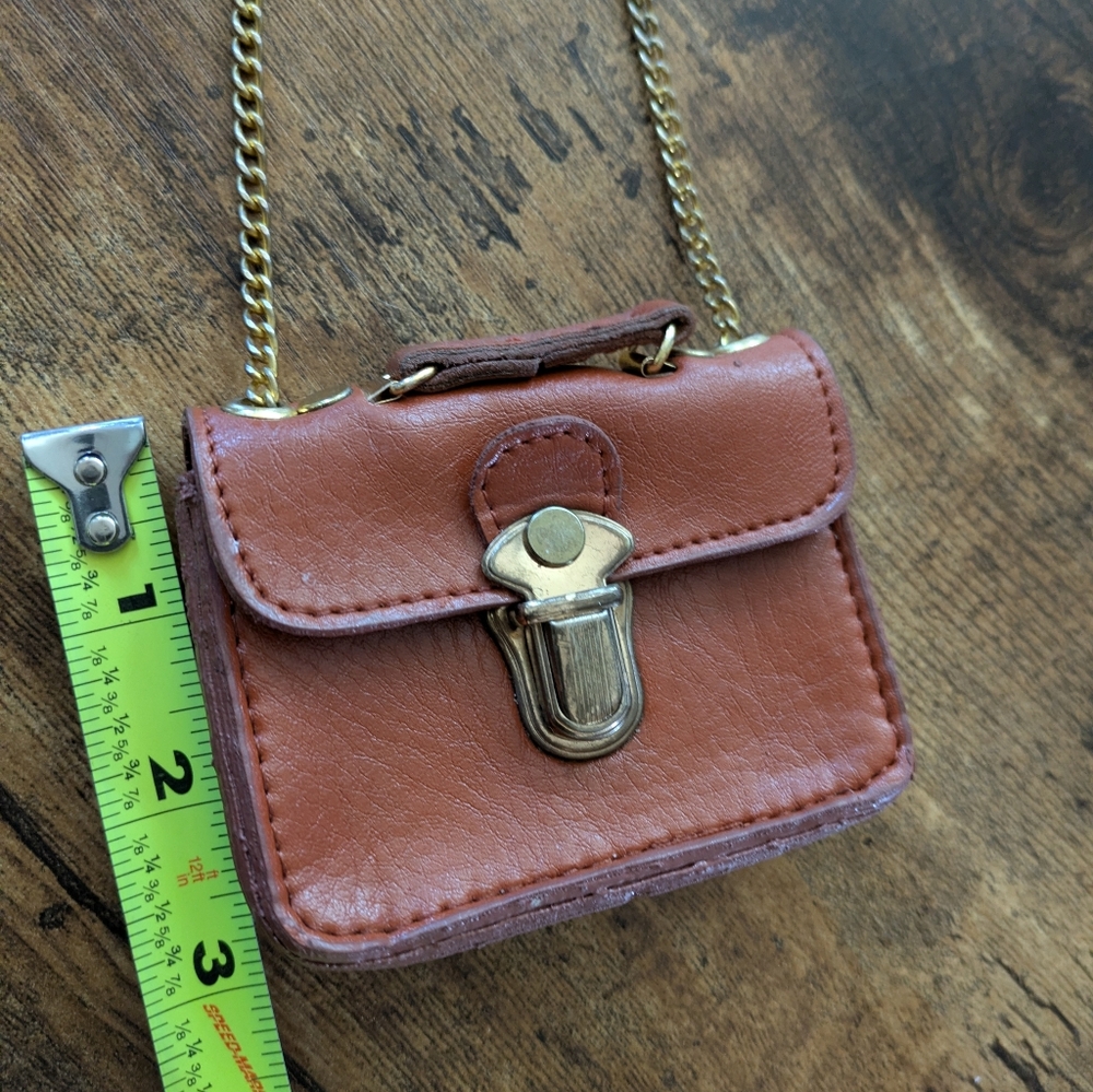 Rare Tiny Brown Leather Messenger Bag on 26" Gold Tone Chain-